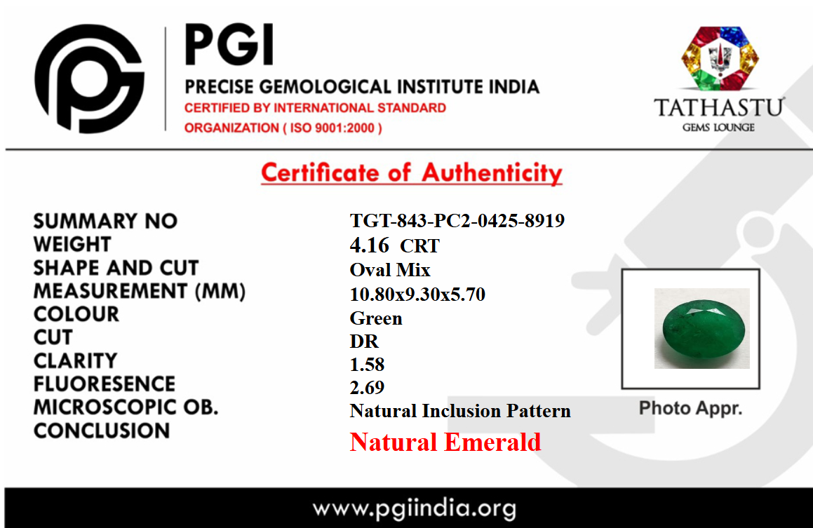 Lab Certificate - Natural Emerald (Panna) 4.16 Carat – 100% Original & Lab Certified Mercury (Budh) Gemstone for Intelligence & Growth