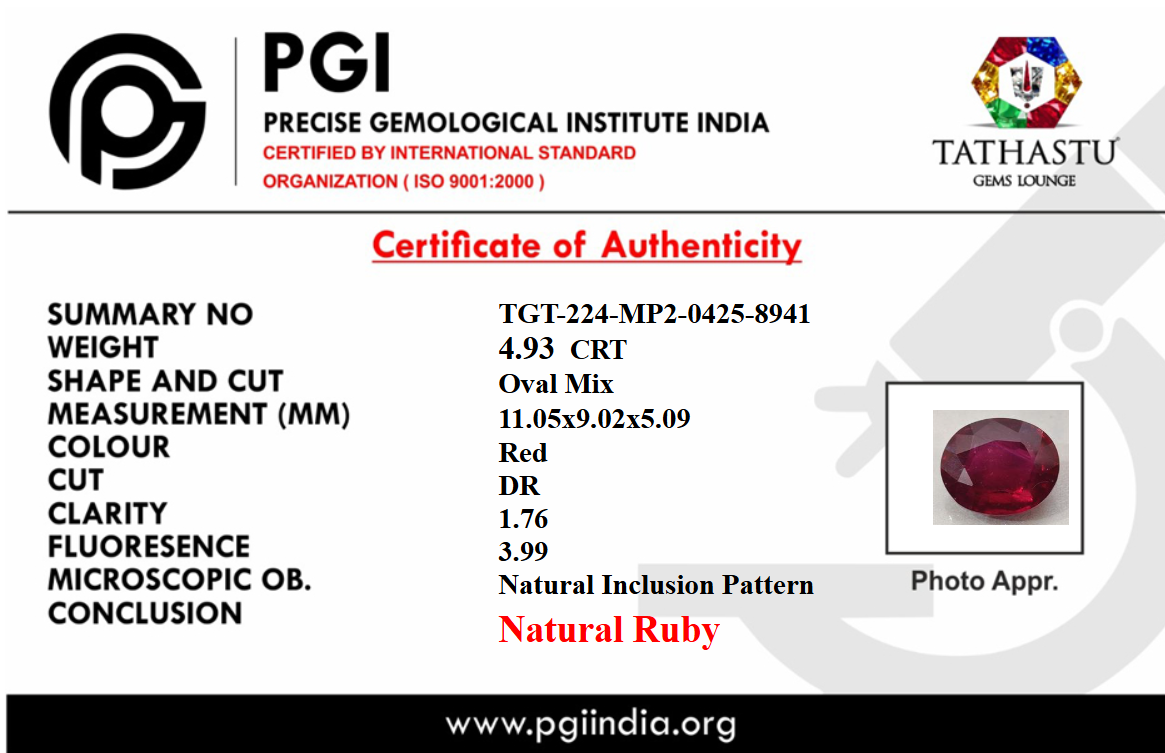 Lab Certificate - Natural Red Ruby (Manik) 4.93 Carat – 100% Original & Lab Certified Sun (Surya) Gemstone for Power & Confidence