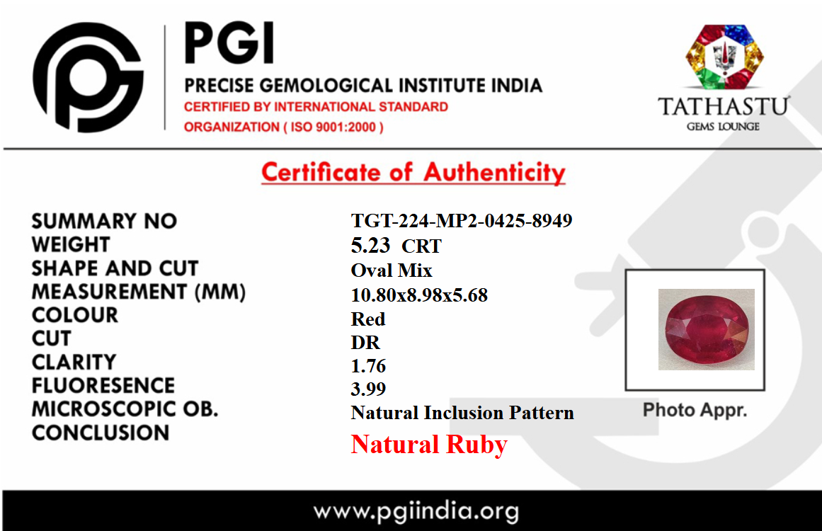 Lab Certificate - Natural Red Ruby (Manik) 5.23 Carat – 100% Original & Lab Certified Sun (Surya) Gemstone for Power & Confidence