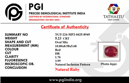 Natural Red Ruby (Manik) 5.23 Carat – 100% Original & Lab Certified Sun (Surya) Gemstone for Power & Confidence