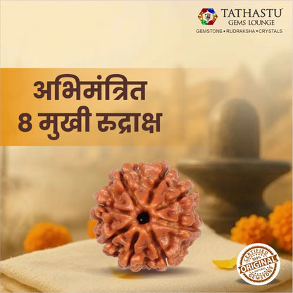 Abhimantrit Original 8 Mukhi Rudraksha bead at Tathastu Gems Lounge displayed with spiritual background and logo.