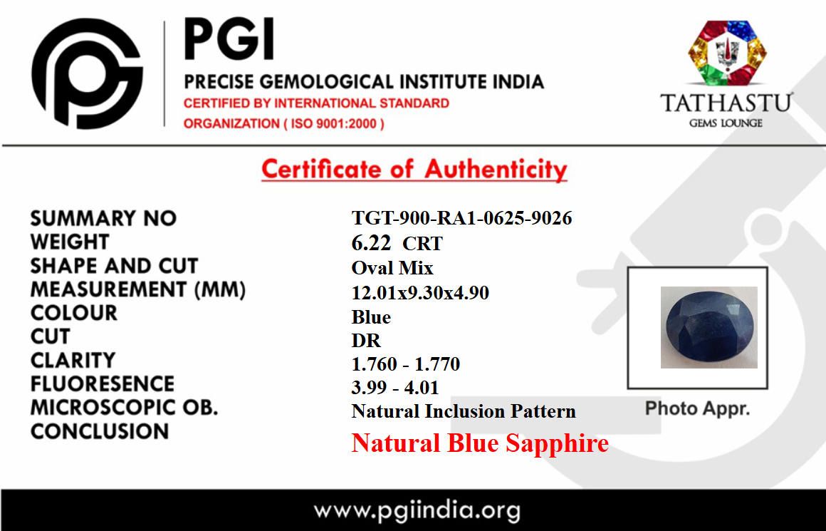 Lab Certificate - Natural Blue Sapphire (Neelam) 6.22 Carat – 100% Original & Lab Certified Saturn (Shani) Gemstone for Power & Protection