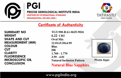 Natural Blue Sapphire (Neelam) 6.22 Carat – 100% Original & Lab Certified Saturn (Shani) Gemstone for Power & Protection