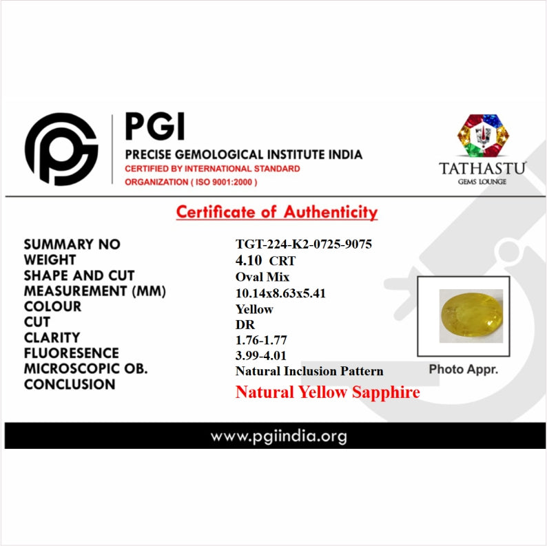 Lab Certificate - Natural Yellow Sapphire (Pukhraj) 4.10 Carat – 100% Original & Lab Certified Jupiter Gemstone for Wealth & Success