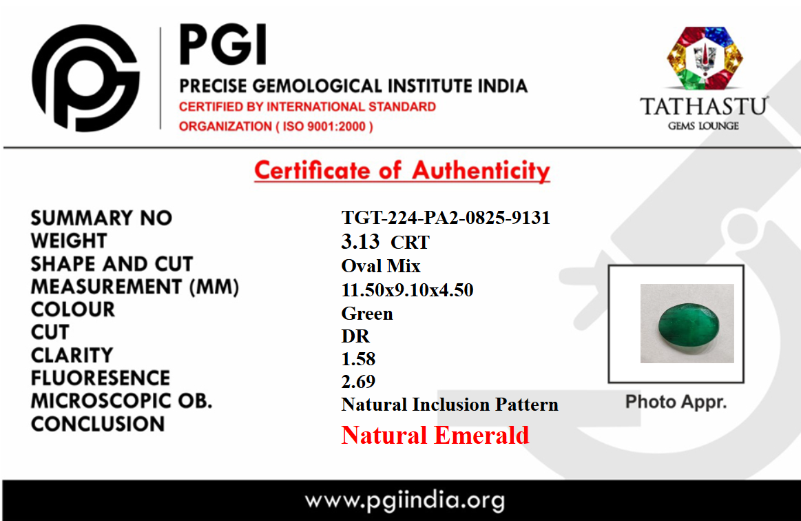 Lab Certificate - Natural Emerald (Panna) 3.13 Carat – 100% Original & Lab Certified Mercury (Budh) Gemstone for Intelligence & Growth