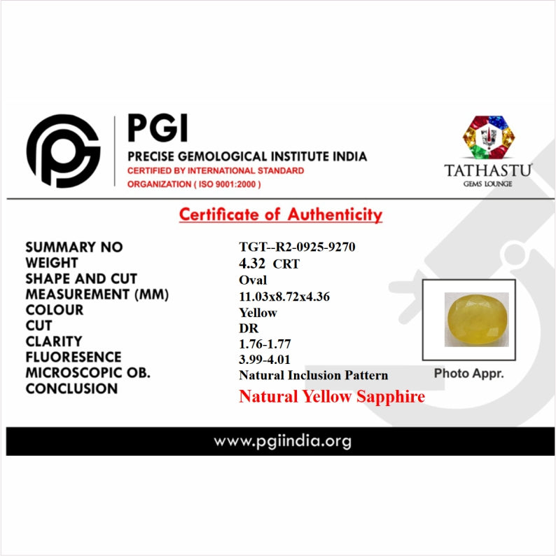 Lab Certificate - Natural Yellow Sapphire (Pukhraj) 4.32 Carat – 100% Original, Lab Certified Jupiter (Guru) Gemstone for Wealth & Success