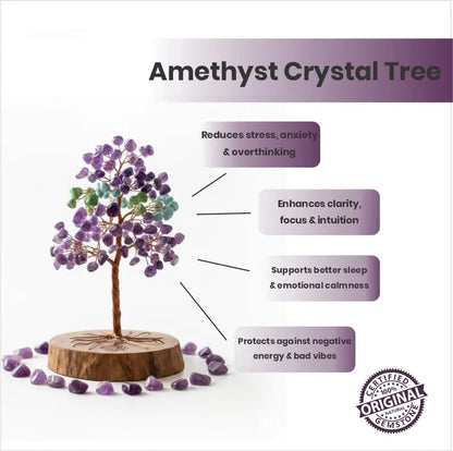 Infographic showing key benefits of Amethyst Crystal Tree including stress relief, meditation focus, Third Eye Chakra healing, and positive Vastu energy - Tathastu Gems