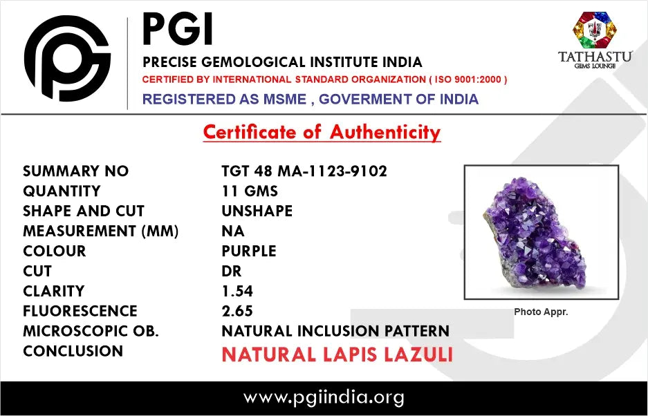 Authentic lab certificate verifying 100 percent original Natural Amethyst Rough crystal stone - Tathastu Gems