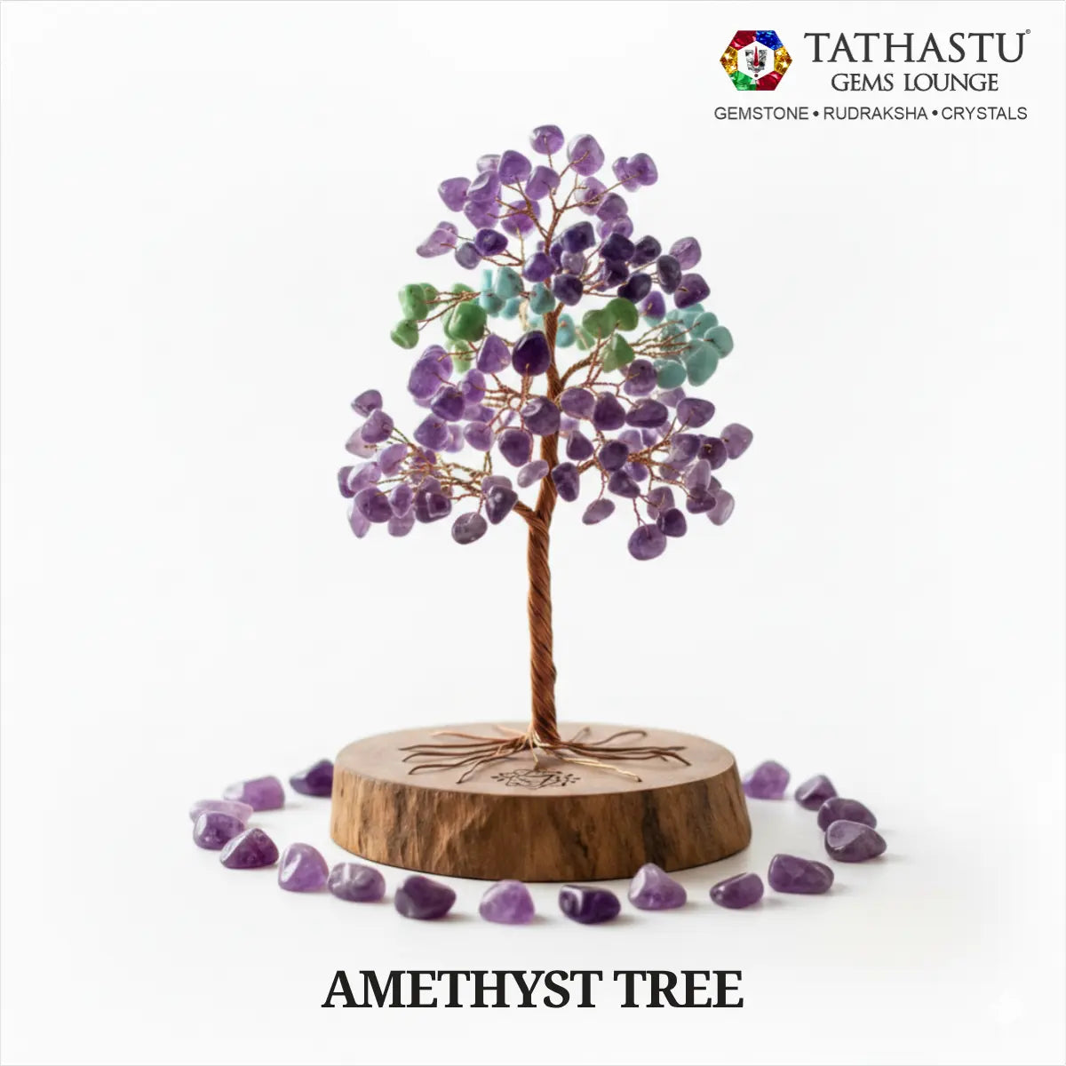 Original Amethyst Crystal Tree with purple gemstone leaves on a wooden base for emotional balance, peace, and spiritual growth - Tathastu Gems Lounge