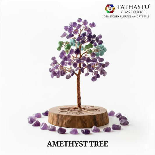 Original Amethyst Crystal Tree with purple gemstone leaves on a wooden base for emotional balance, peace, and spiritual growth - Tathastu Gems Lounge