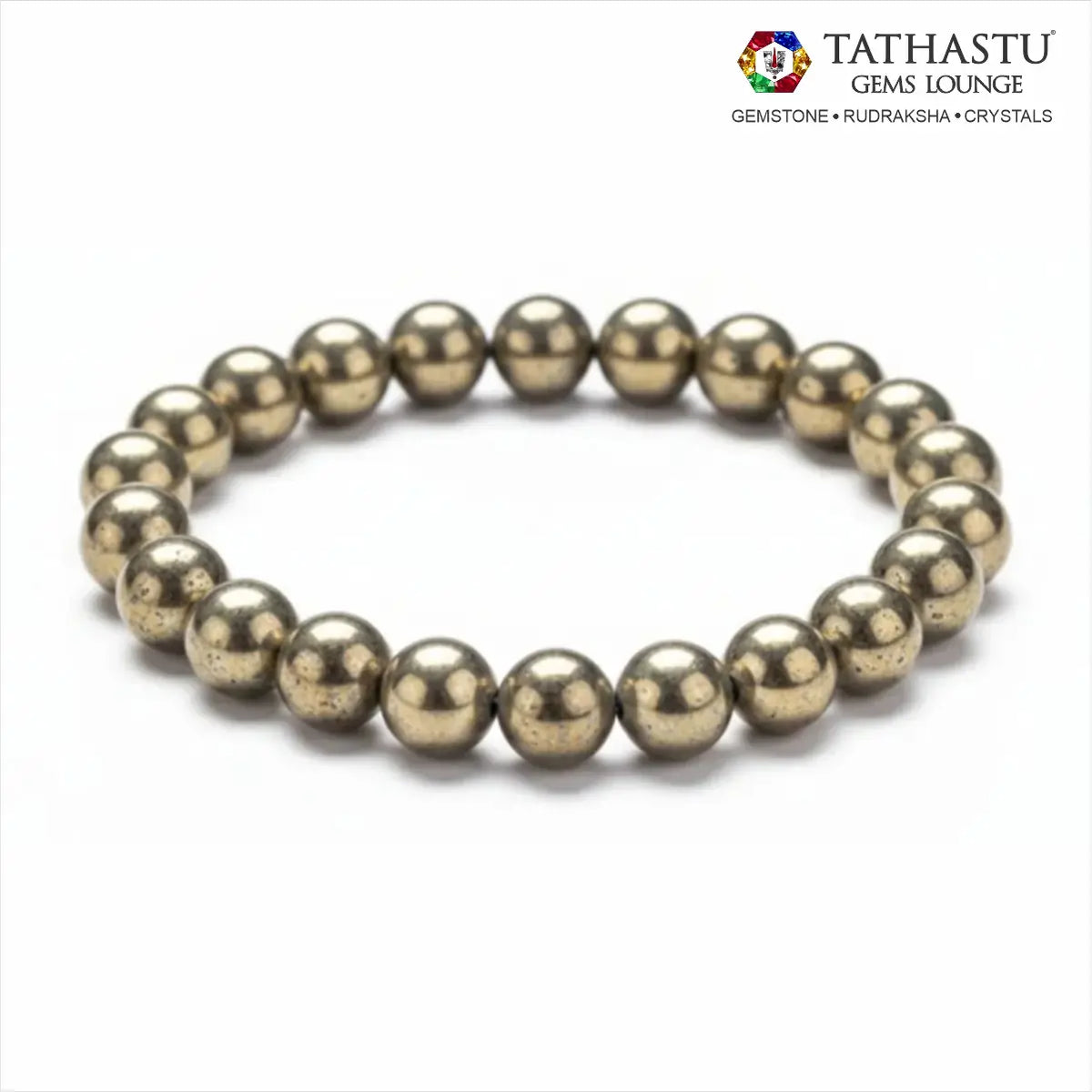 Authentic Original Pyrite Bracelet at Tathastu Gems Lounge made with natural metallic golden-brass crystal beads for wealth, protection, and confidence.