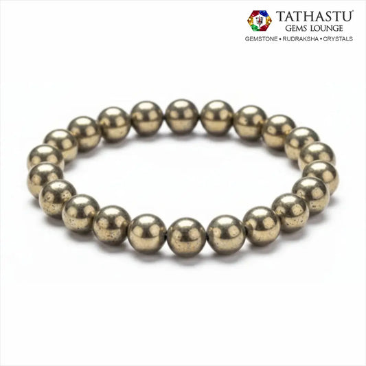 Authentic Original Pyrite Bracelet at Tathastu Gems Lounge made with natural metallic golden-brass crystal beads for wealth, protection, and confidence.