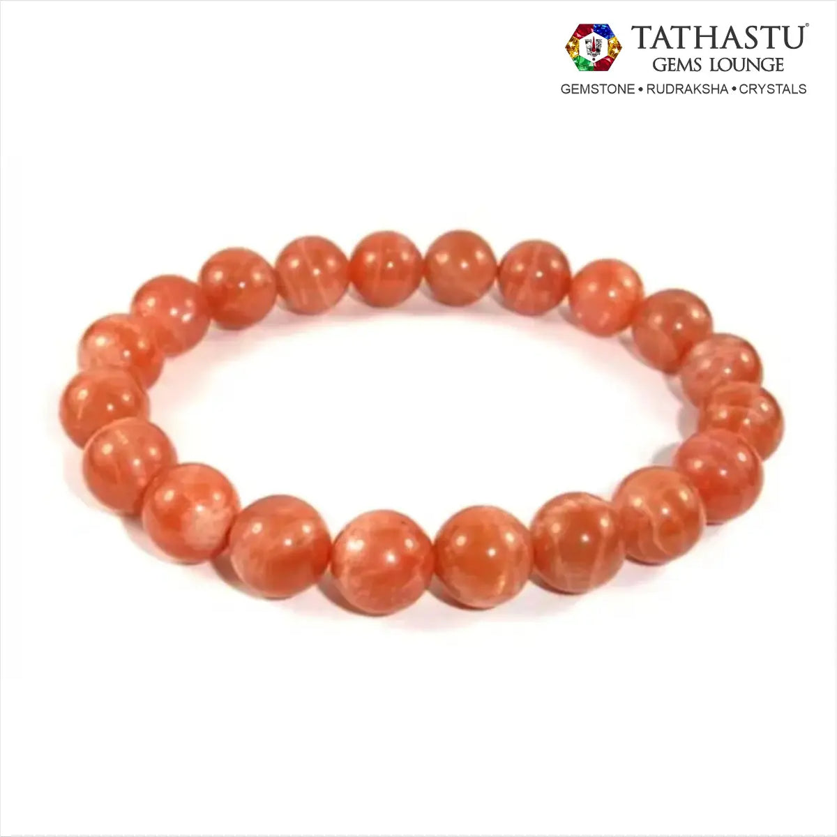 Authentic Original Sunstone Bracelet at Tathastu Gems Lounge made with natural shimmering peach-orange crystal beads for confidence and vitality.