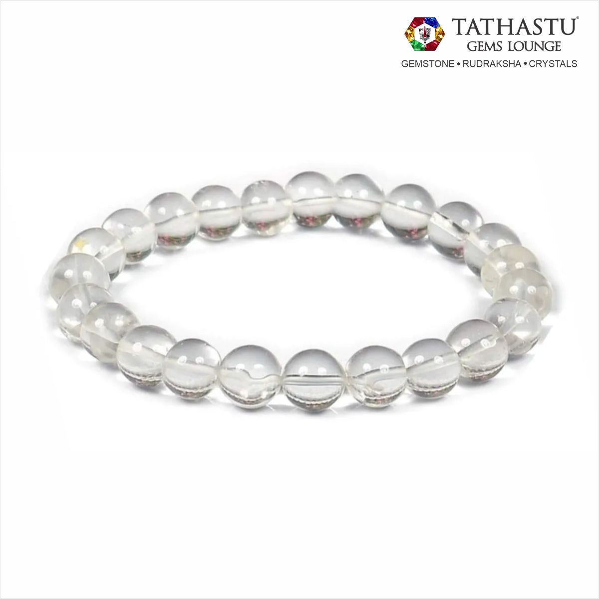 Authentic Original Clear Quartz Bracelet at Tathastu Gems Lounge made with natural transparent crystal beads for clarity, energy amplification, and healing.