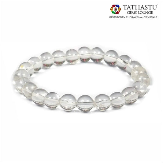 Authentic Original Clear Quartz Bracelet at Tathastu Gems Lounge made with natural transparent crystal beads for clarity, energy amplification, and healing.