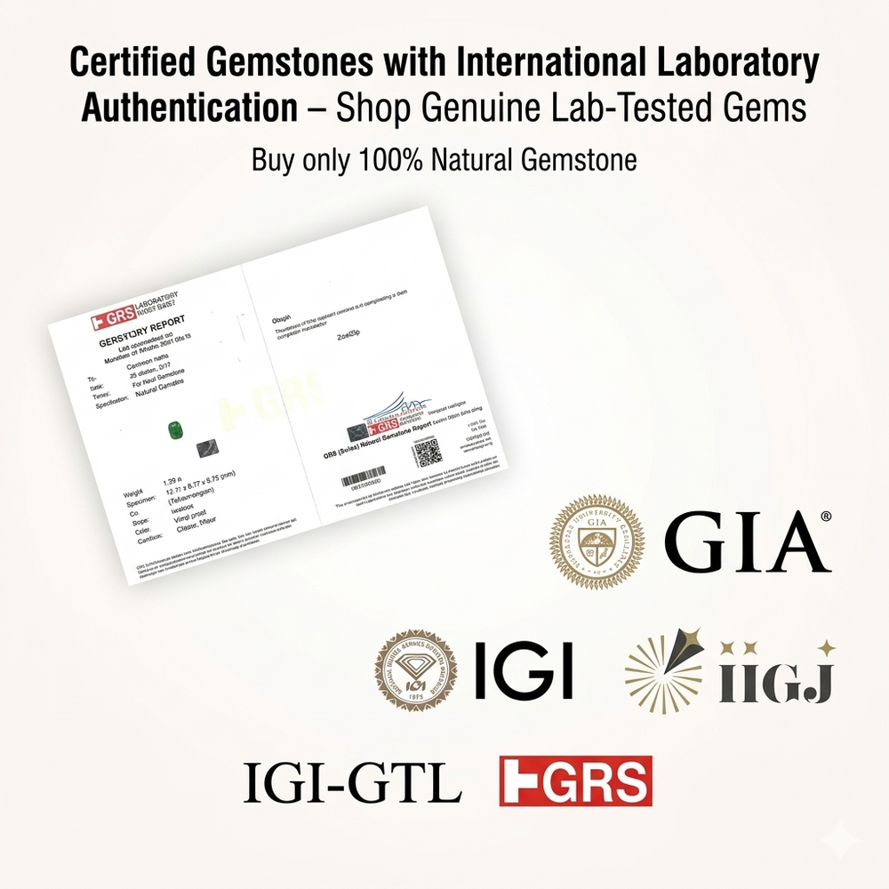 Certified gemstones with international laboratory authentication. 