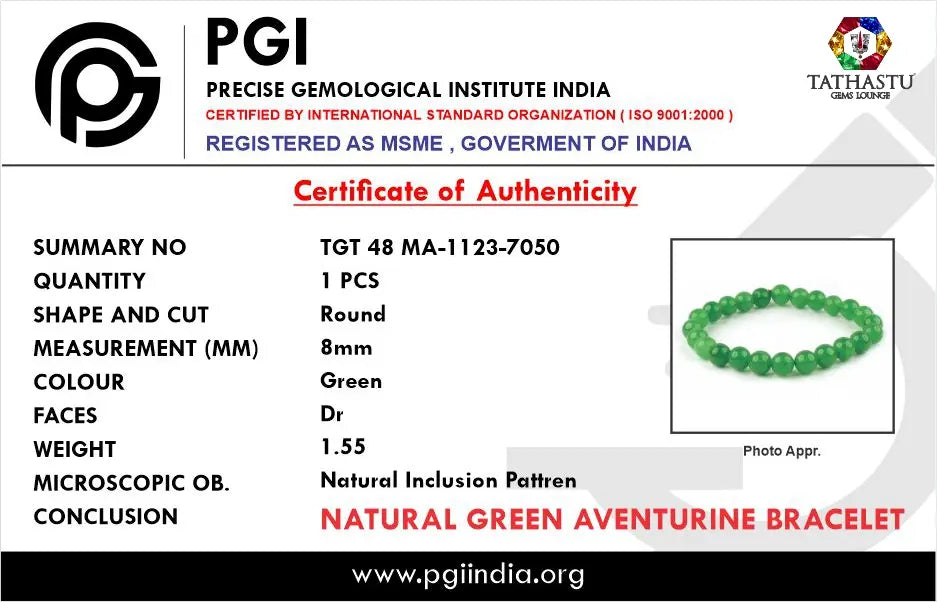 Authentic Original Green Aventurine Bracelet at Tathastu Gems Lounge with authentic lab test certification report card.