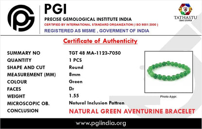Authentic Original Green Aventurine Bracelet at Tathastu Gems Lounge with authentic lab test certification report card.