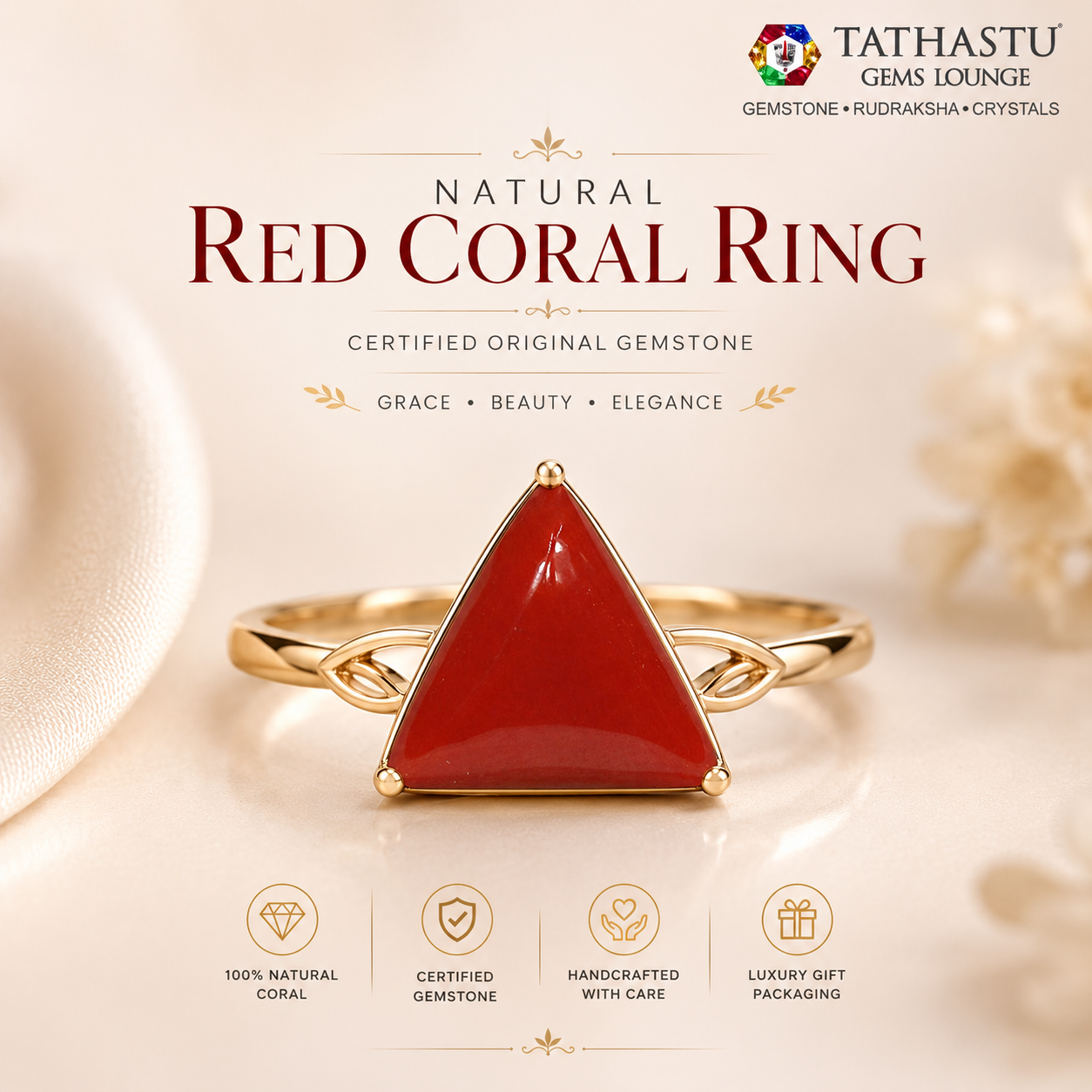 Natural Red Coral (Moonga) Triangle 5.07 Carat – 100% Original Mars (Mangal) Gemstone for Strength & Courage