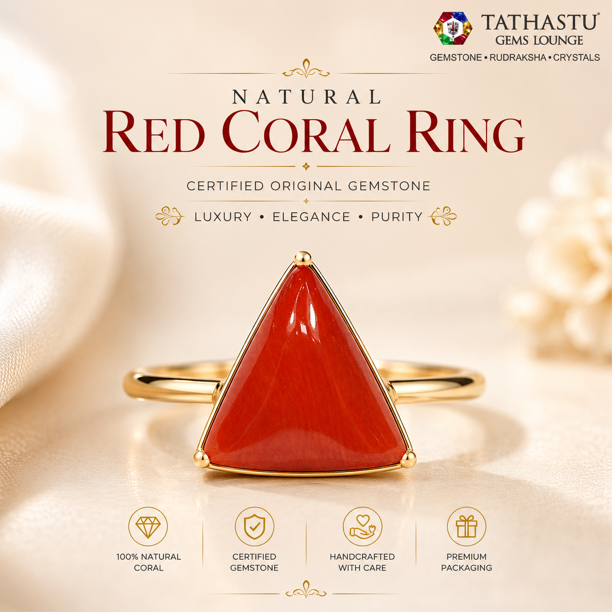 Natural Red Coral (Moonga) Triangle 5.29 Carat – 100% Original Mars (Mangal) Gemstone for Strength & Courage