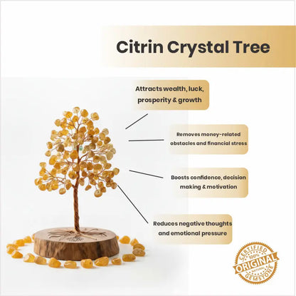 Infographic showing benefits of Citrine Crystal Tree including financial growth, career success, and positive Vastu energy - Tathastu Gems