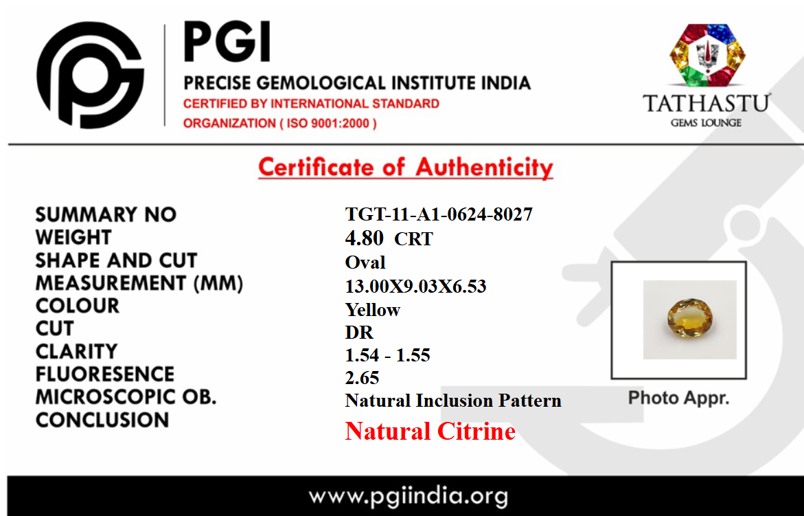 Sunela Yellow Citrine 4.80 Carat Certificate