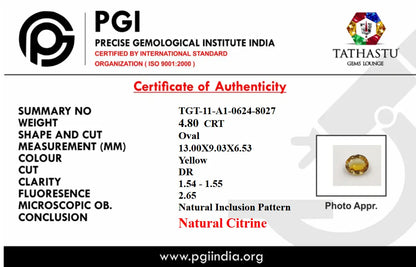 Official PGI lab test certificate of authenticity for 4.80 carat natural oval yellow Citrine gemstone - Tathastu Gems Lounge
