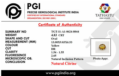 Official PGI lab test certificate of authenticity for 4.83 carat natural oval yellow Citrine gemstone - Tathastu Gems Lounge