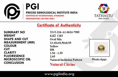 Yellow Citrine Sunela 6.62 Carat Certificate