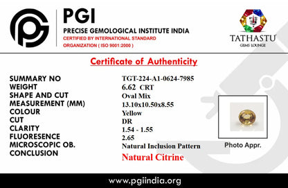 Official PGI lab test certificate of authenticity for 6.62 carat natural oval yellow Citrine gemstone - Tathastu Gems Lounge
