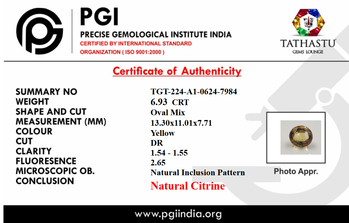 Premium Sunela Yellow Citrine 6.93 Carat Certificate