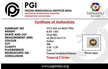 Official PGI lab test certificate of authenticity for 6.93 carat natural oval yellow Citrine gemstone - Tathastu Gems Lounge