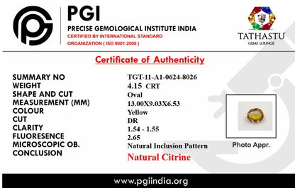 Official PGI lab test certificate of authenticity for 4.15 carat natural oval yellow Citrine gemstone - Tathastu Gems Lounge