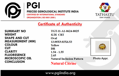 Yellow Citrine Sunela 4.16 Carat Certificate