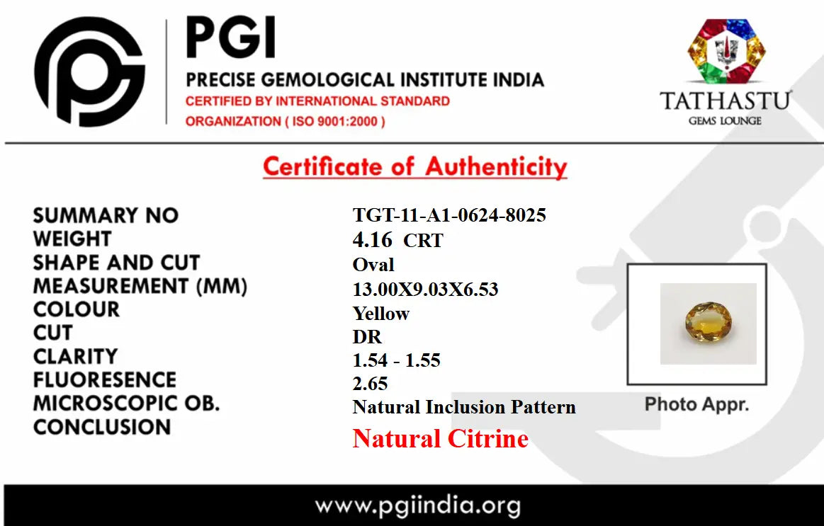 Official PGI lab test certificate of authenticity for 4.16 carat natural oval yellow Citrine gemstone - Tathastu Gems Lounge