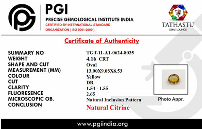 Official PGI lab test certificate of authenticity for 4.16 carat natural oval yellow Citrine gemstone - Tathastu Gems Lounge