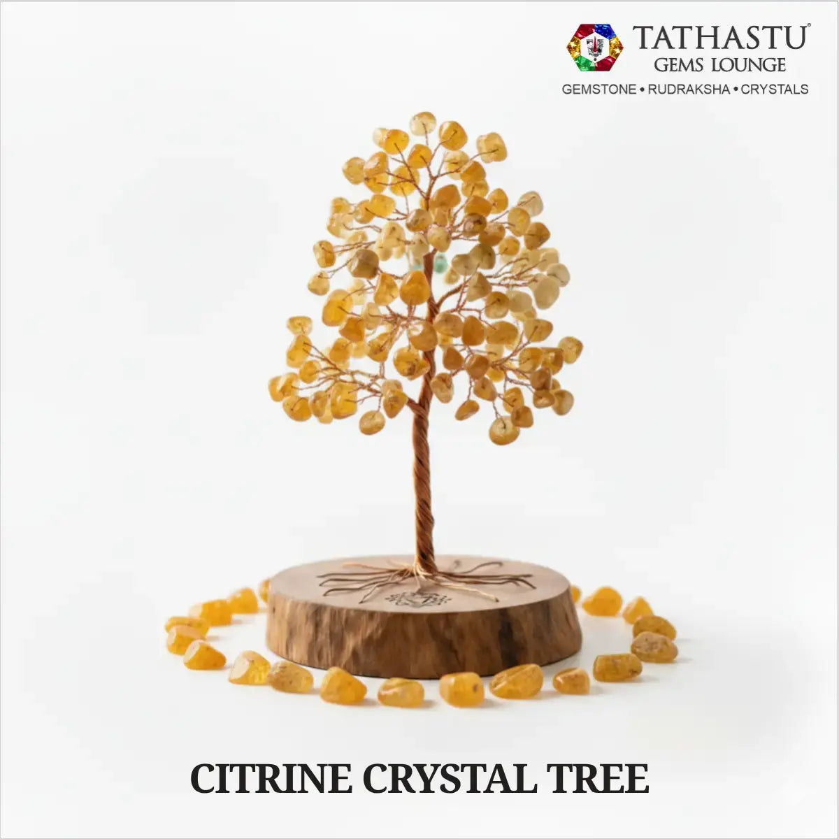 Original Citrine Crystal Tree with golden leaves on wooden base surrounded by tumbles for wealth attraction and prosperity - Tathastu Gems Lounge
