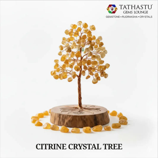 Original Citrine Crystal Tree with golden leaves on wooden base surrounded by tumbles for wealth attraction and prosperity - Tathastu Gems Lounge