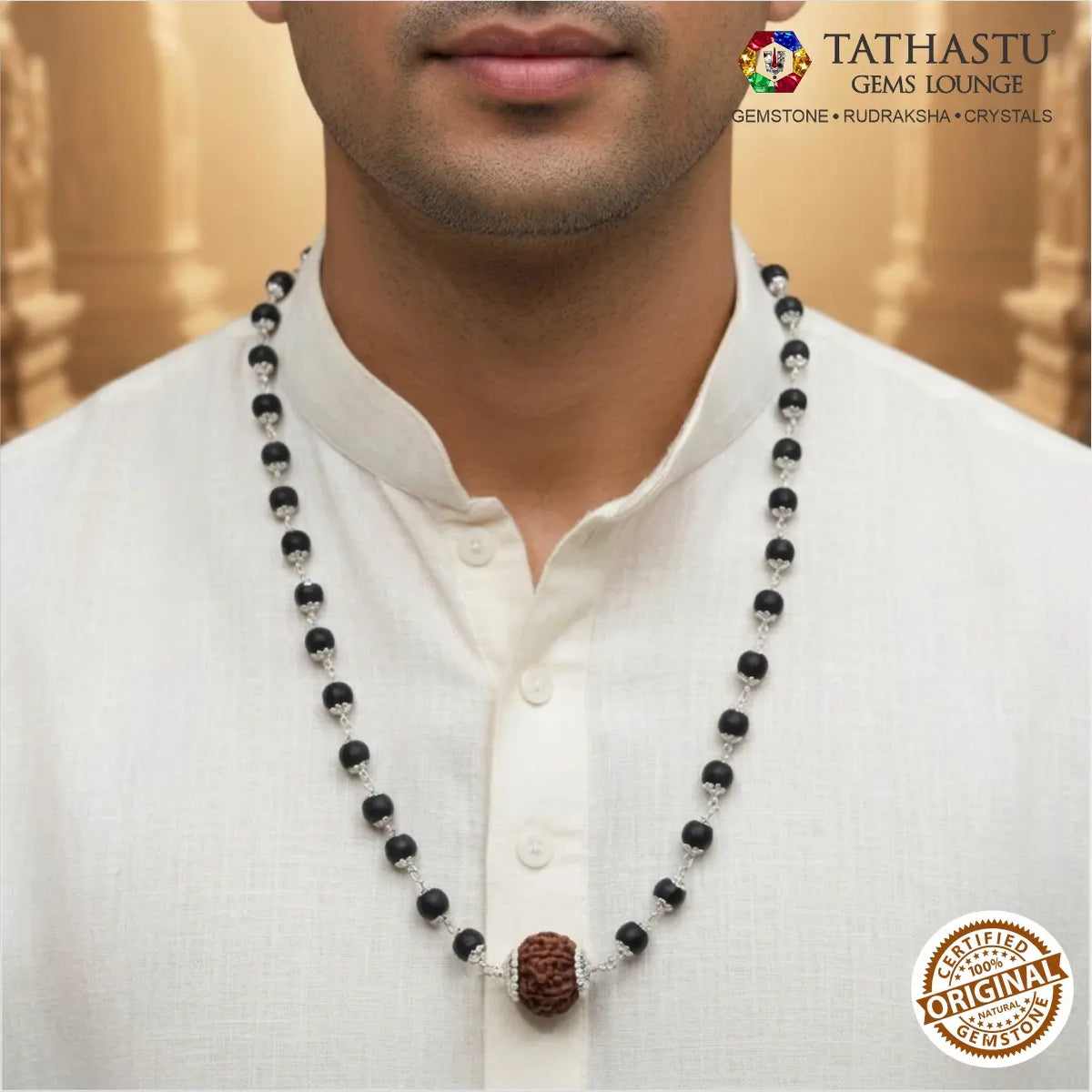 Man wearing natural Dhanyog Karungali Malai with 7 Mukhi Rudraksha bead around neck - Tathastu Gems