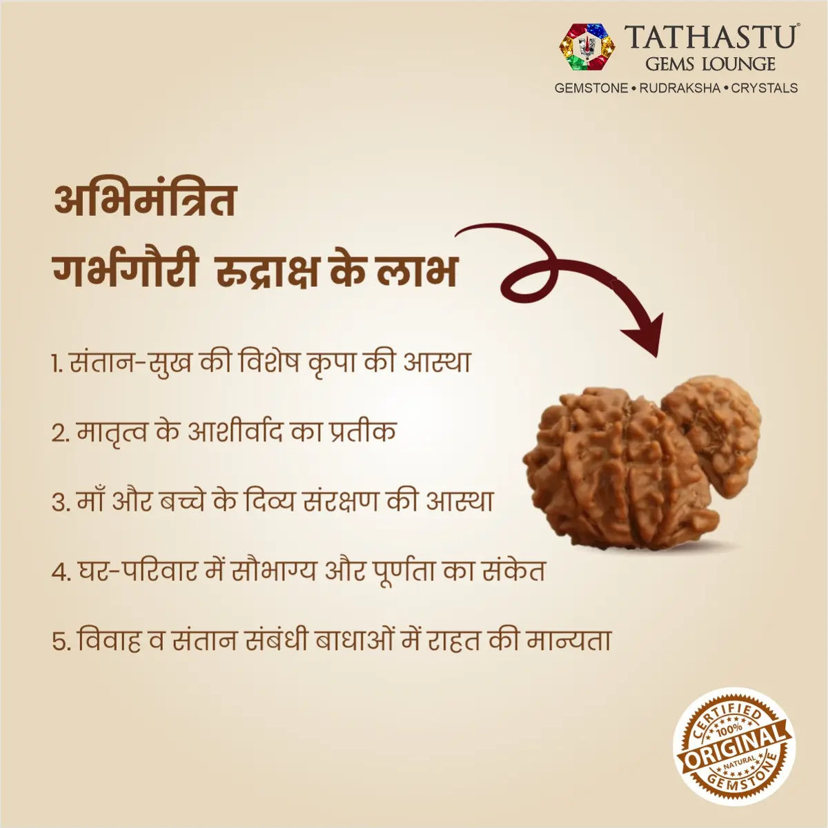Abhimantrit Original Garbh Gauri Rudraksha bead at Tathastu Gems Lounge showing key benefits for maternity, child protection, and harmonious relationships in Hindi.