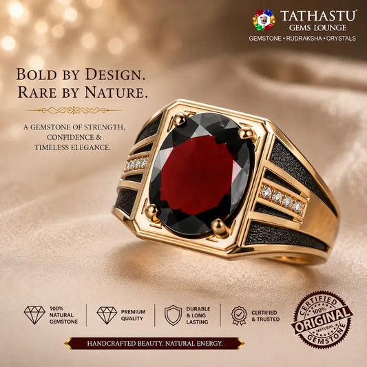 Elegant Red Garnet gemstone Ring in gold setting designed for astrological benefits and spiritual protection - Tathastu Gems