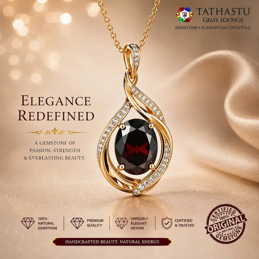 Elegant Red Garnet gemstone pendant in gold setting designed for astrological benefits and spiritual protection - Tathastu Gems