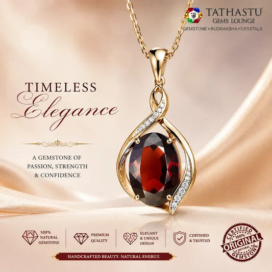 Elegant Red Garnet gemstone pendant in gold setting designed for astrological benefits and spiritual protection - Tathastu Gems