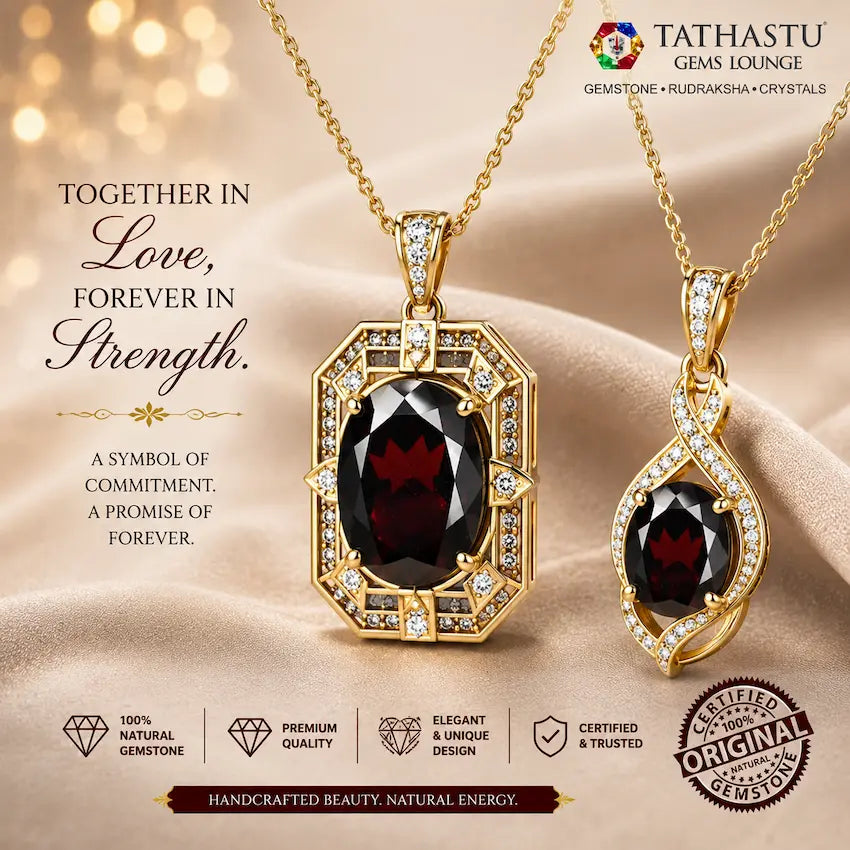 Elegant Red Garnet gemstone couple pendant in gold setting designed for astrological benefits and spiritual protection - Tathastu Gems