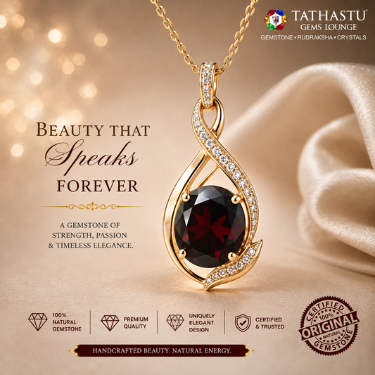 Necklace with a red garnet raktmani gemstone 6.66 carats pendant featuring Tathastu Gems Lounge branding.