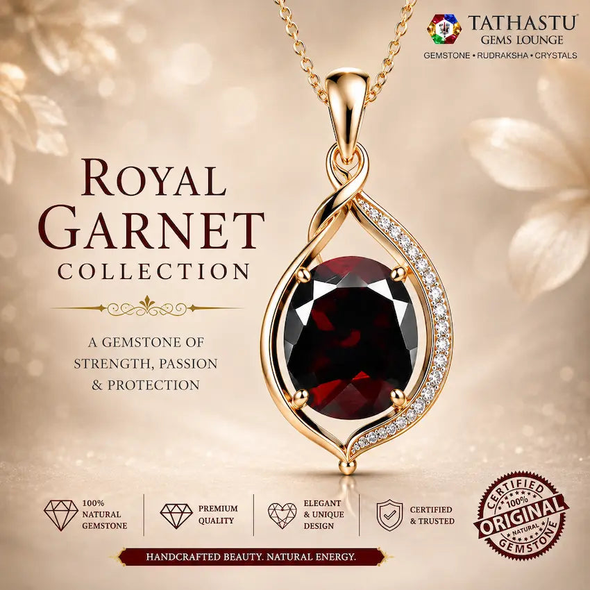 Elegant Red Garnet gemstone pendant in gold setting designed for astrological benefits and spiritual protection - Tathastu Gems