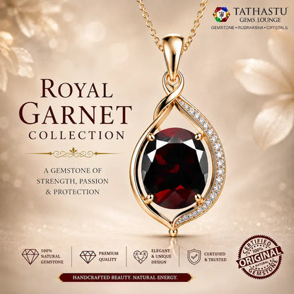 Elegant Red Garnet gemstone pendant in gold setting designed for astrological benefits and spiritual protection - Tathastu Gems