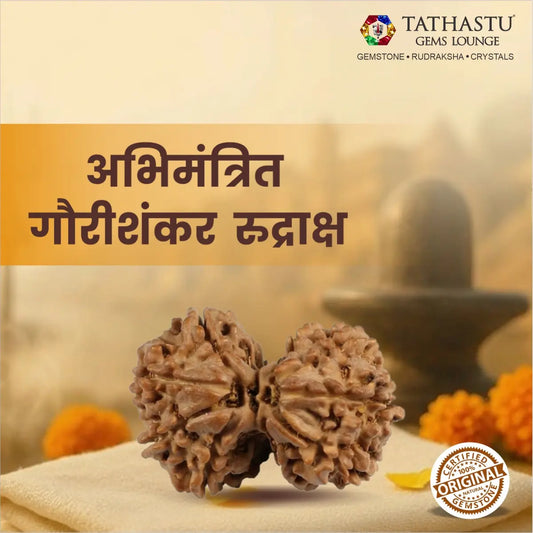 Abhimantrit Original Gauri Shankar Rudraksha bead at Tathastu Gems Lounge displayed with spiritual background and logo.
