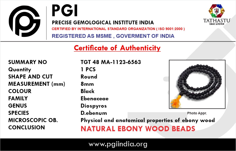 Certified Karungali Mala (8mm) - 108 Beads Natural Black Ebony Wood for Positivity & Luck