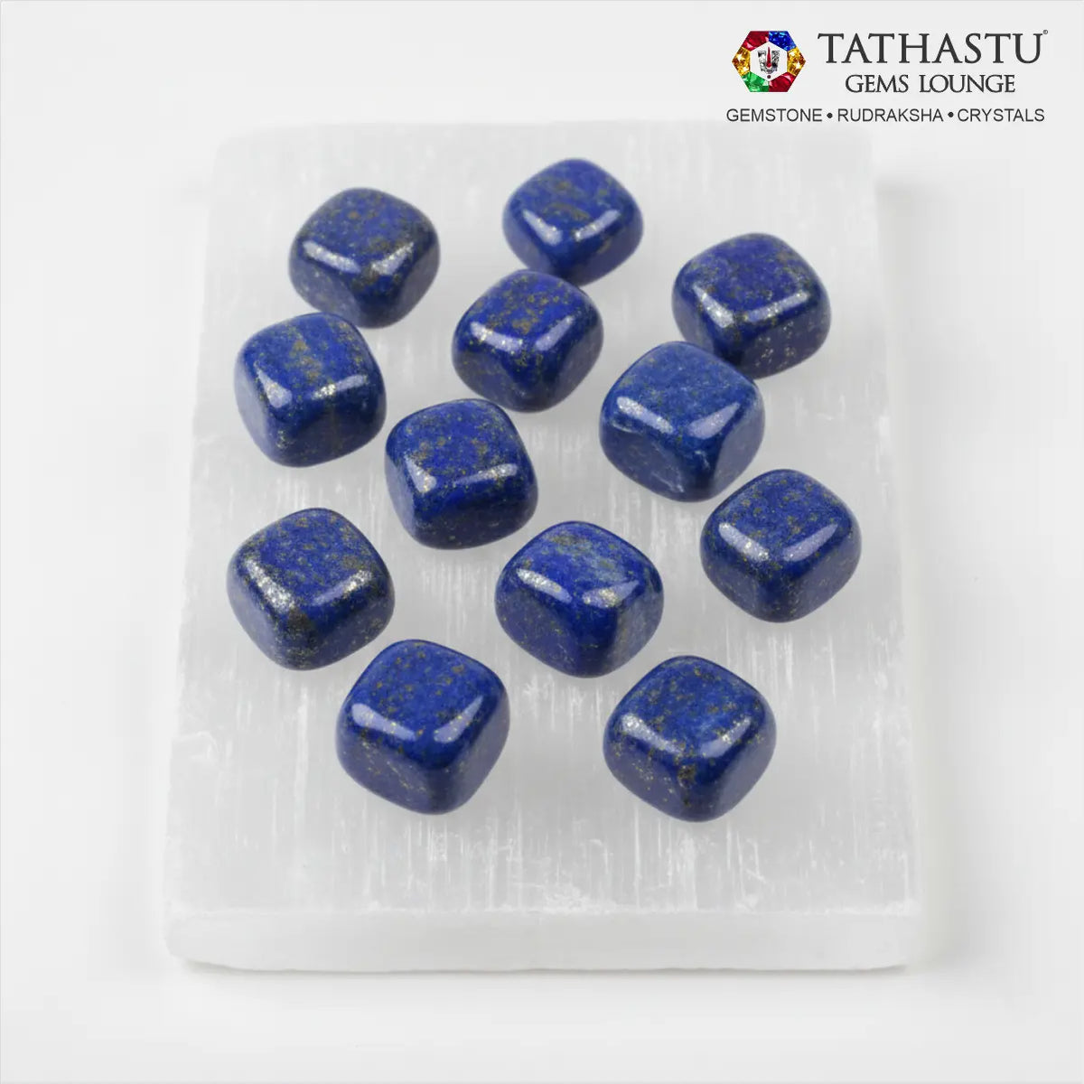 Set of original Lapis Lazuli Tumble stones arranged in a grid for spiritual growth, self-expression, and Third Eye healing - Tathastu Gems